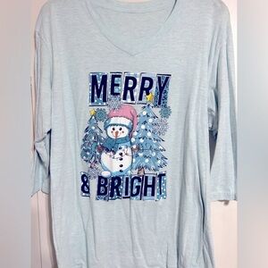 Light Blue Merry & Bright Snowman Shirt 3/4 length sleeves